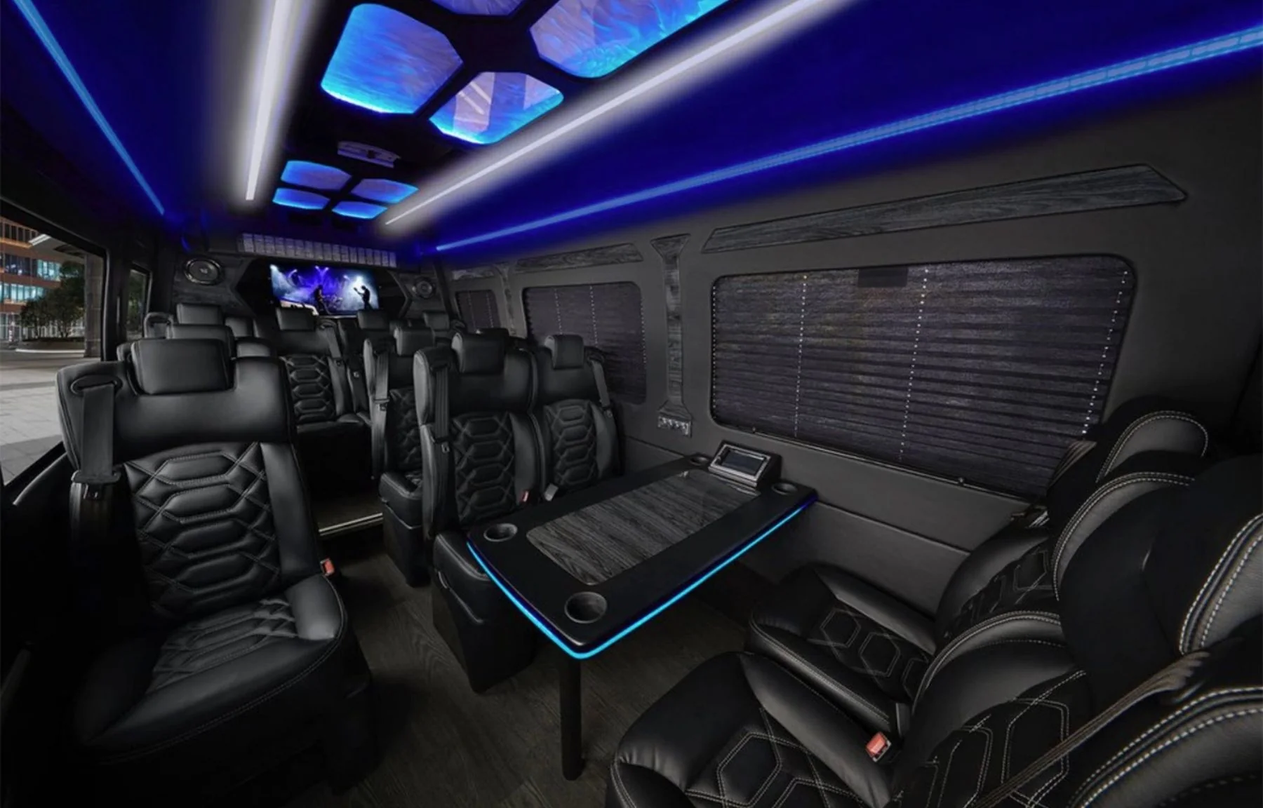 Washington DC limo service - luxury Sprinter limousine interior with black leather seating